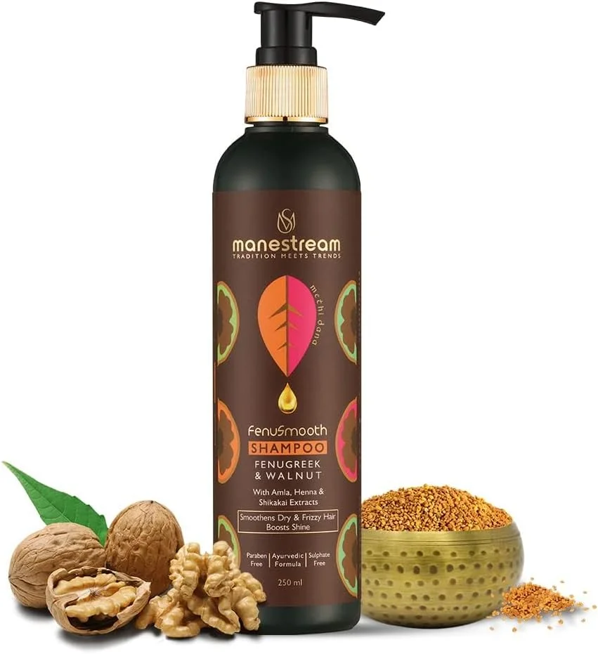 شامپو فنوسموث مانی‌استریم حاوی شنبلیله و گردو برای موهای خشک، وز و آسیب‌دیده، درمان آیورودا فاقد پارابن و SLS برای آقایان و بانوان - 250 میلی‌لیتر