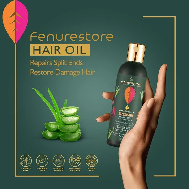 روغن موی آیورودیک Manestream Fenurestore با شنبلیله، برینگراج و آلوئه ورا برای آقایان و بانوان | ترمیم طبیعی موخوره، موهای کدر و آسیب دیده | شامپو مینی 30 میلی لیتری رایگان - بسته 2 عددی
