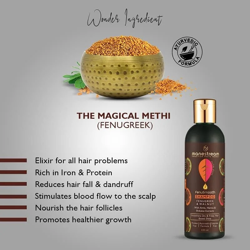 شامپو فنوسموث مانیستریم با شنبلیله و گردو برای موهای خشک، وز و آسیب دیده، درمان آیورودا بدون پارابن و سولفات برای آقایان و بانوان، 100 میلی لیتر