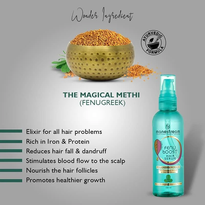 سرم موی آیورودیک Fenuboost Manestream برای آقایان و بانوان حاوی شنبلیله و مورینگا | مناسب موهای آسیب دیده در اثر حرارت و مواد شیمیایی | شامپو مینی ضد شوره Fenucleanse رایگان 30 میلی لیتر - بسته 2 عددی