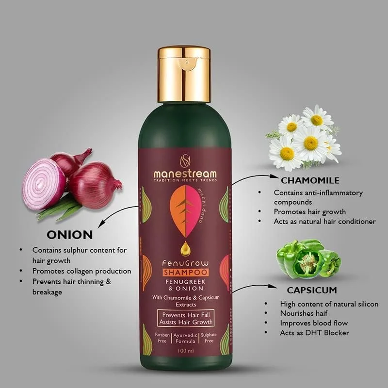 شامپو درمان ریزش موی آیورودیک Manestream Fenugrow برای آقایان و بانوان، حاوی شنبلیله و پیاز، فاقد پارابن، SLS، سولفات و مواد سمی، حاوی مسدود کننده DHT، ۱۰۰ میلی لیتر چند رنگ