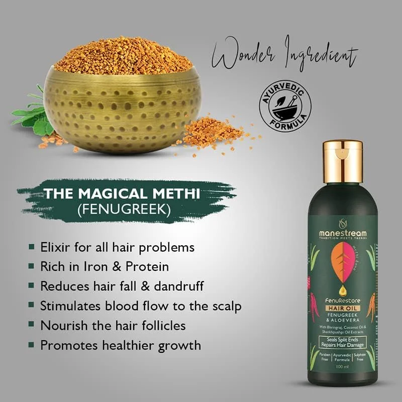 روغن موی آیورودیک Manestream Fenurestore با شنبلیله، برینگراج و آلوئه ورا برای آقایان و بانوان | ترمیم طبیعی موخوره، موهای کدر و آسیب دیده | شامپو مینی 30 میلی لیتری رایگان - بسته 2 عددی