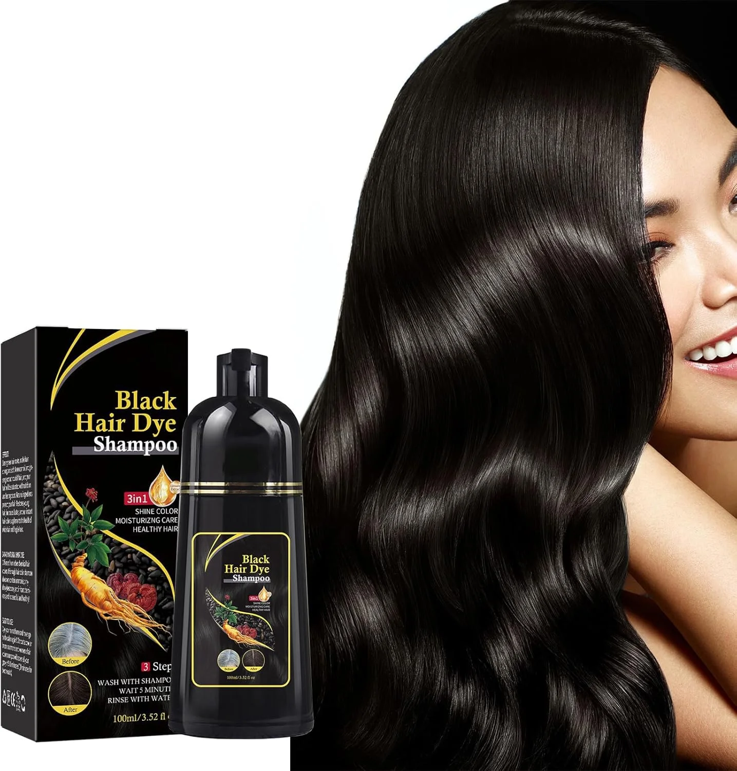 شامپو موی مشکی طبیعی، شامپو مشکی کننده 2 در 1 ضد موهای خاکستری، شامپو رنگ موی مشکی، تغذیه کننده و ترمیم کننده مو (100 میلی لیتر)