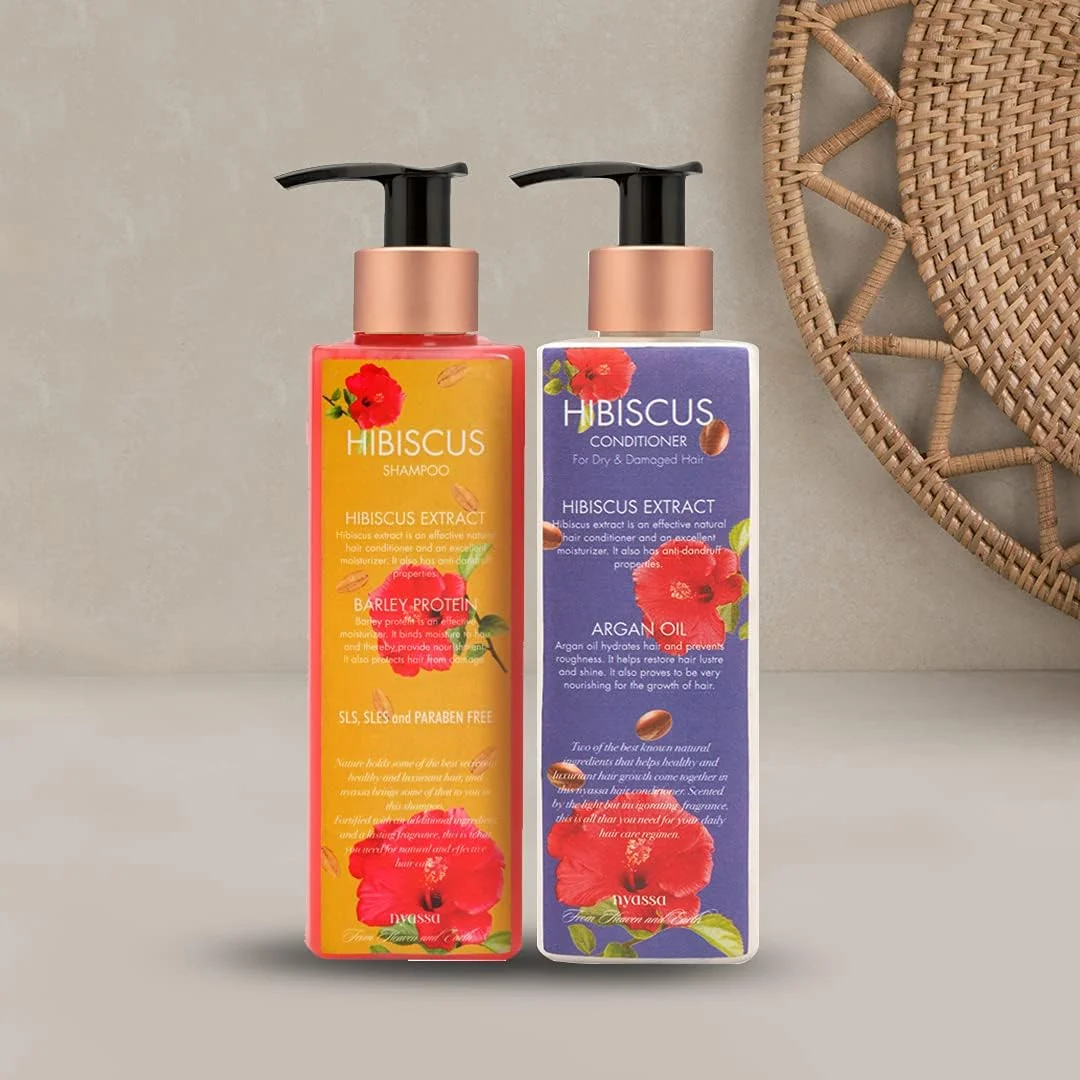 شامپو و نرم کننده گل ختمی Nyassa، حاوی عصاره گل ختمی و پروتئین جو، ایده آل برای موهای خشک و آسیب دیده (250 + 265 میلی لیتر)