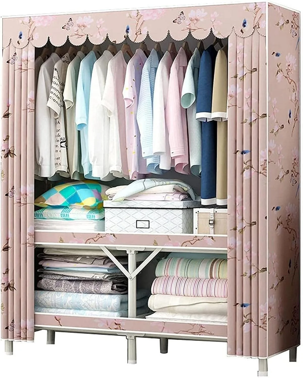 کمد لباس پارچه ای قابل حمل، کمد لباس فلزی اتاق خواب، قفسه لباس تاشو قابل حمل، ریل آویز لباس، ارتفاع 170 سانتی متر، کمد لباس قابل حمل /a/172 * 95 * 48 سانتی متر