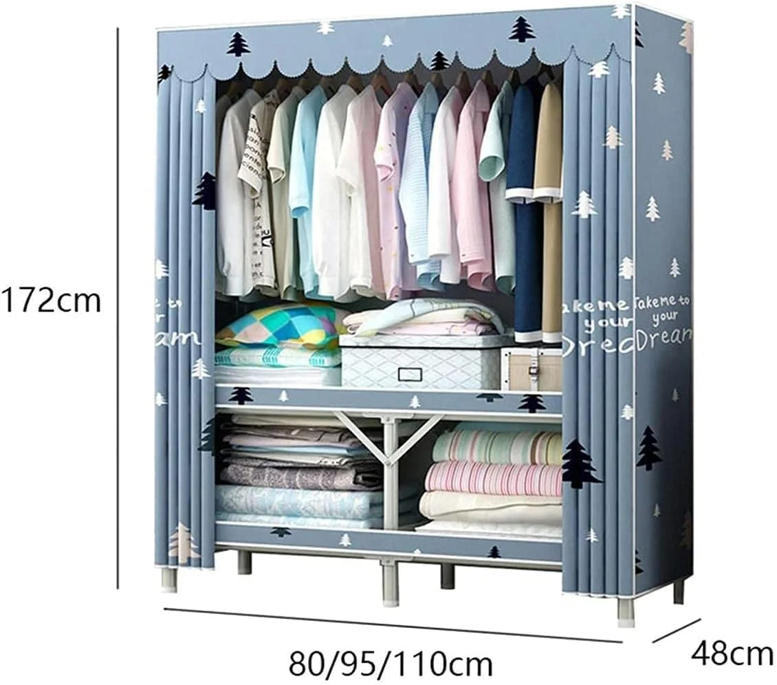 کمد لباس پارچه ای قابل حمل، کمد لباس فلزی اتاق خواب، قفسه لباس تاشو قابل حمل، ریل آویز لباس، ارتفاع 170 سانتی متر، کمد لباس قابل حمل /a/172 * 95 * 48 سانتی متر