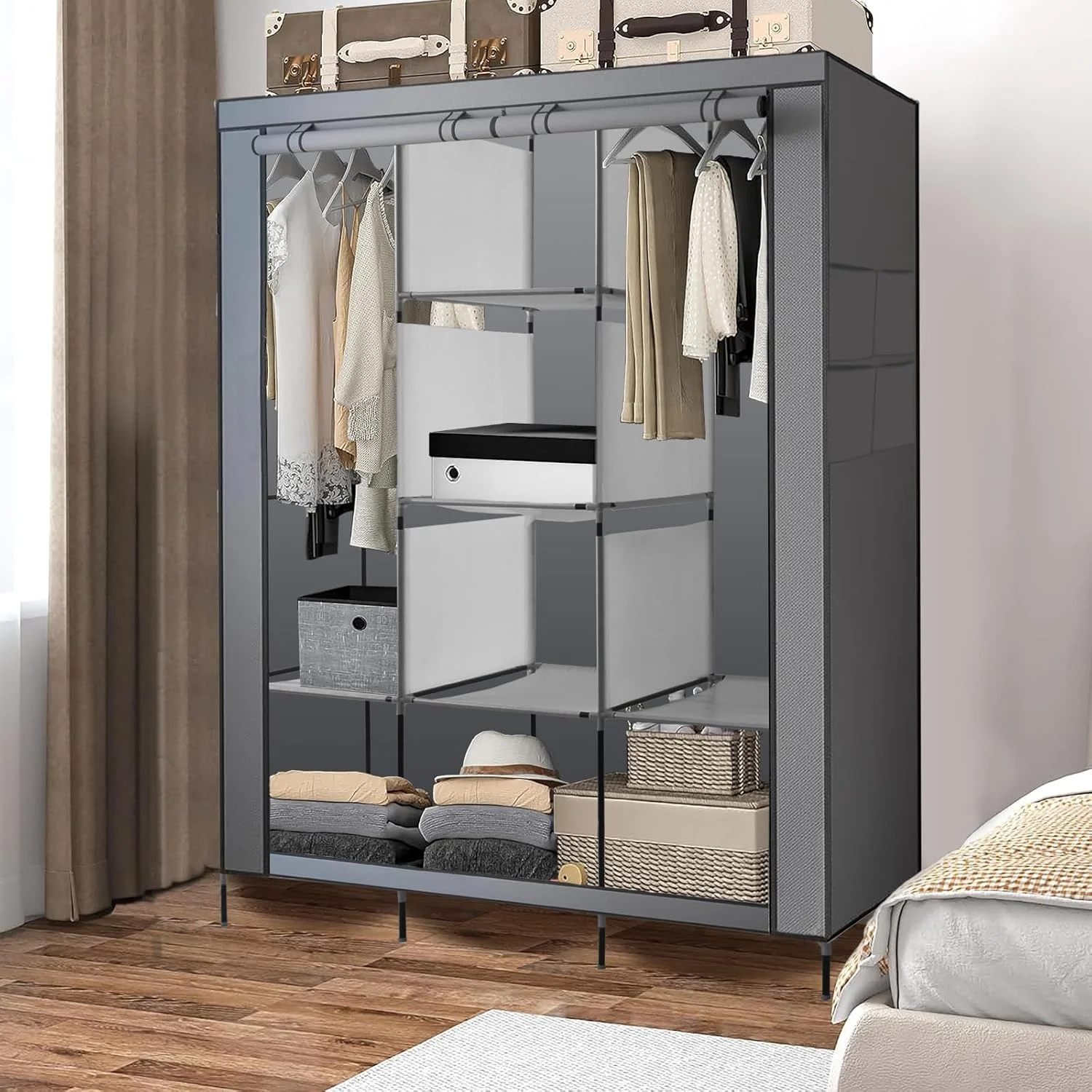 کمد لباس قابل حمل PLKO، سازمان دهنده کمد لباس، کمد لباس قابل حمل با درب غلتکی و روکش پارچه آکسفورد خاکستری برای اتاق خواب، (خاکستری)