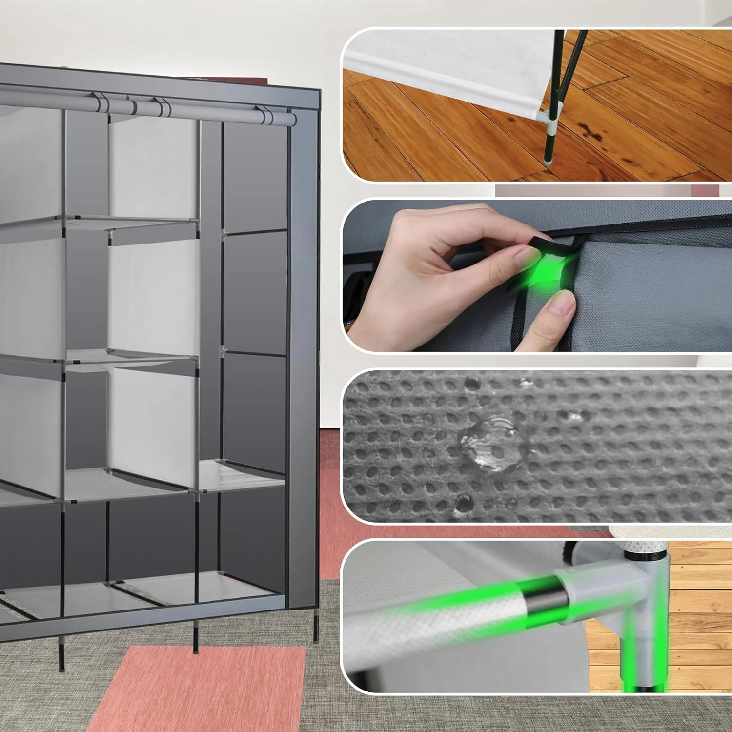 کمد لباس قابل حمل PLKO، سازمان دهنده کمد لباس، کمد لباس قابل حمل با درب غلتکی و روکش پارچه آکسفورد خاکستری برای اتاق خواب، (خاکستری)
