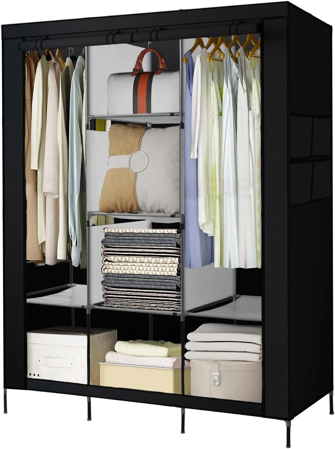 کمد لباس قابل حمل PLKO، سازمان دهنده کمد لباس، کمد لباس قابل حمل با درب غلتکی و روکش پارچه آکسفورد مشکی برای اتاق خواب، (مشکی)