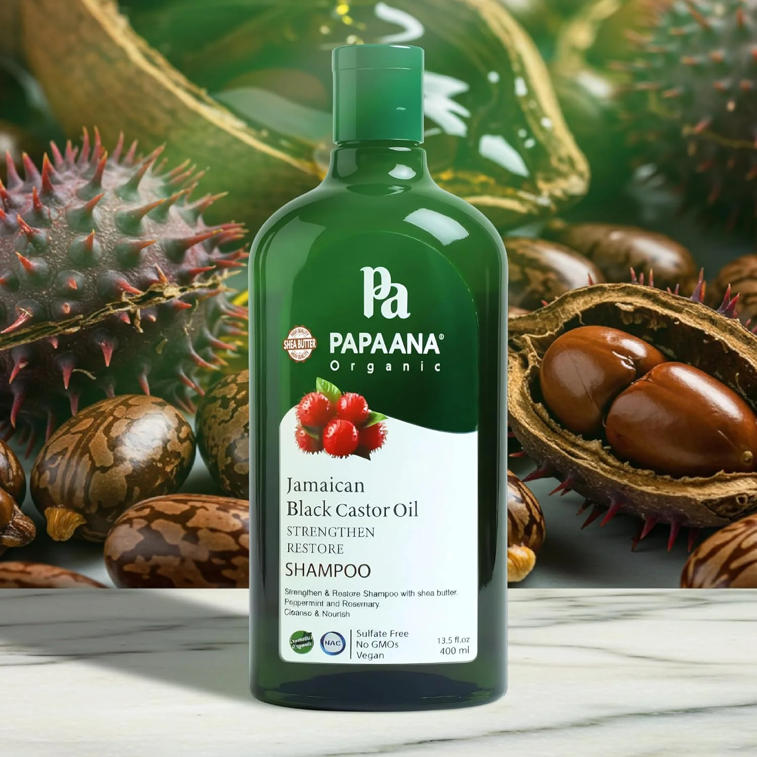 شامپو روغن کرچک سیاه جامائیکایی ارگانیک PAPAANA (400 میلی لیتر) - تقویت کننده و احیا کننده، بدون سولفات، مراقبت از موی مرطوب کننده، ترمیم موهای آسیب دیده، ایده آل برای انواع مو، فرمول طبیعی و مغذی