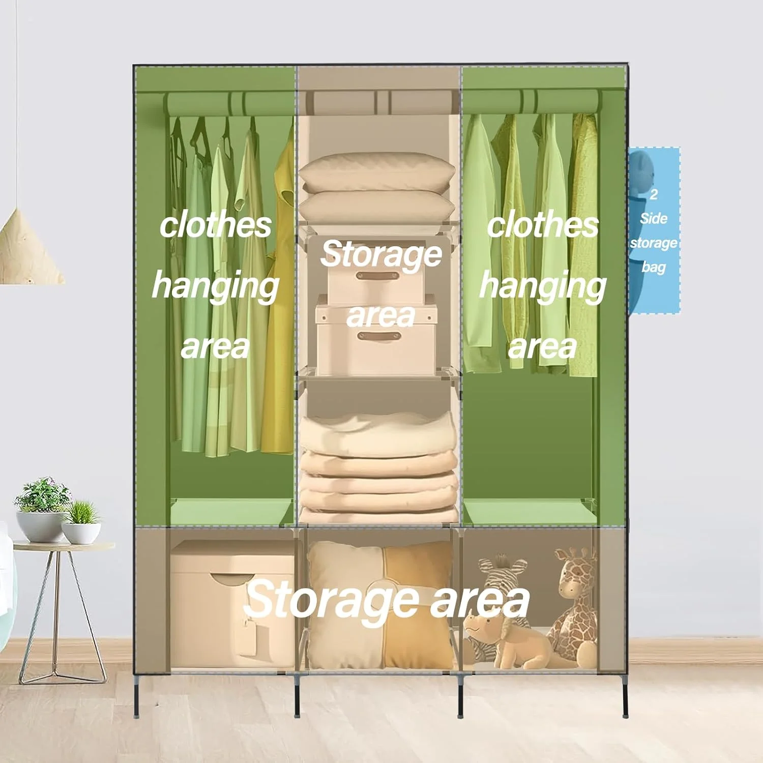 کمد لباس قابل حمل PLKO، سازمان دهنده کمد لباس، کمد لباس قابل حمل با درب غلتکی و روکش پارچه آکسفورد خاکستری برای اتاق خواب، (خاکستری)