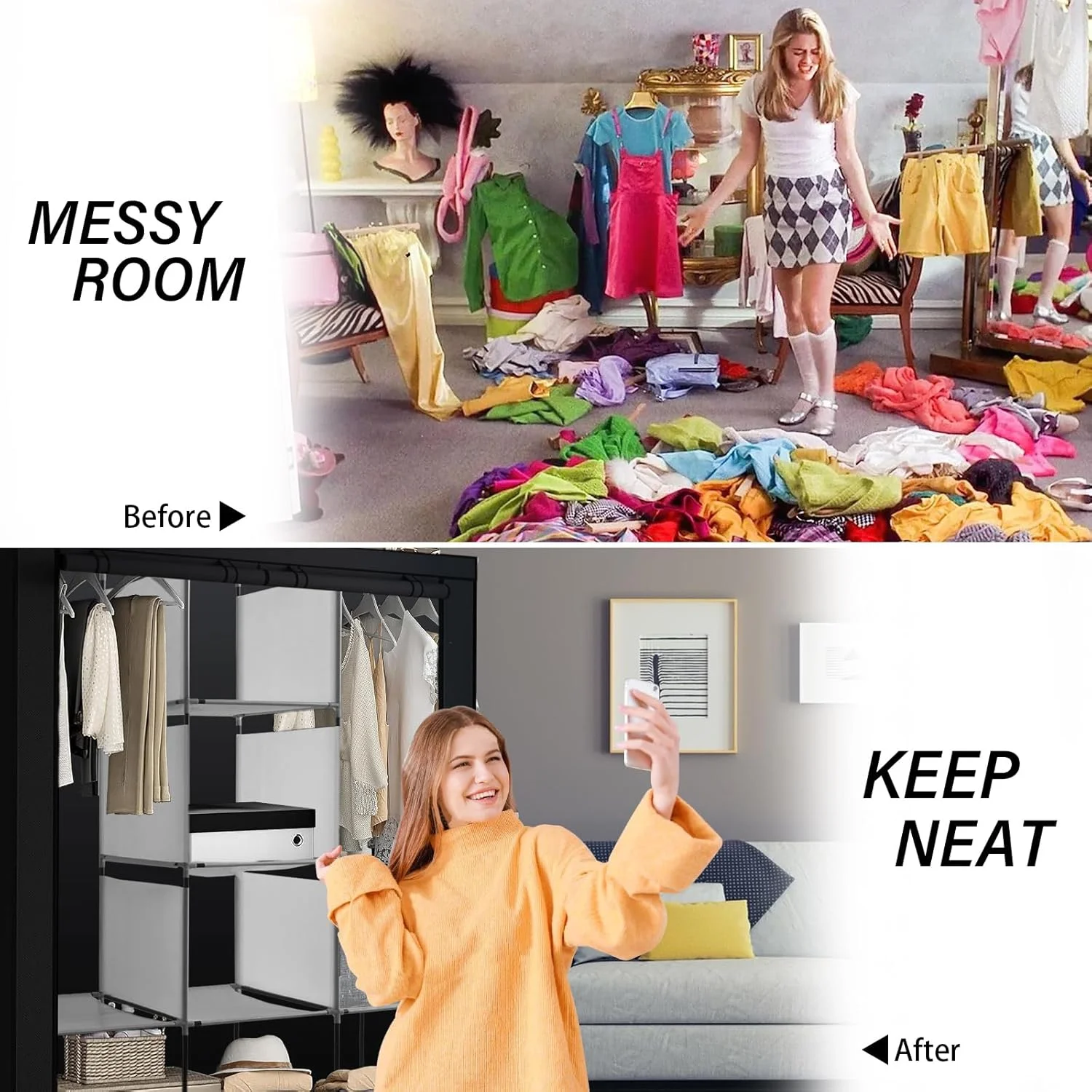 کمد لباس قابل حمل PLKO، سازمان دهنده کمد لباس، کمد لباس قابل حمل با درب غلتکی و روکش پارچه آکسفورد مشکی برای اتاق خواب، (مشکی)