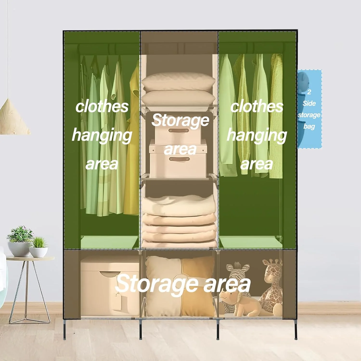 کمد لباس قابل حمل PLKO، سازمان دهنده کمد لباس، کمد لباس قابل حمل با درب غلتکی و روکش پارچه آکسفورد مشکی برای اتاق خواب، (مشکی)