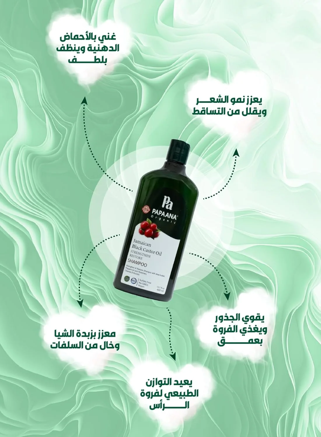 شامپو روغن کرچک سیاه جامائیکایی ارگانیک PAPAANA (400 میلی لیتر) - تقویت کننده و احیا کننده، بدون سولفات، مراقبت از موی مرطوب کننده، ترمیم موهای آسیب دیده، ایده آل برای انواع مو، فرمول طبیعی و مغذی