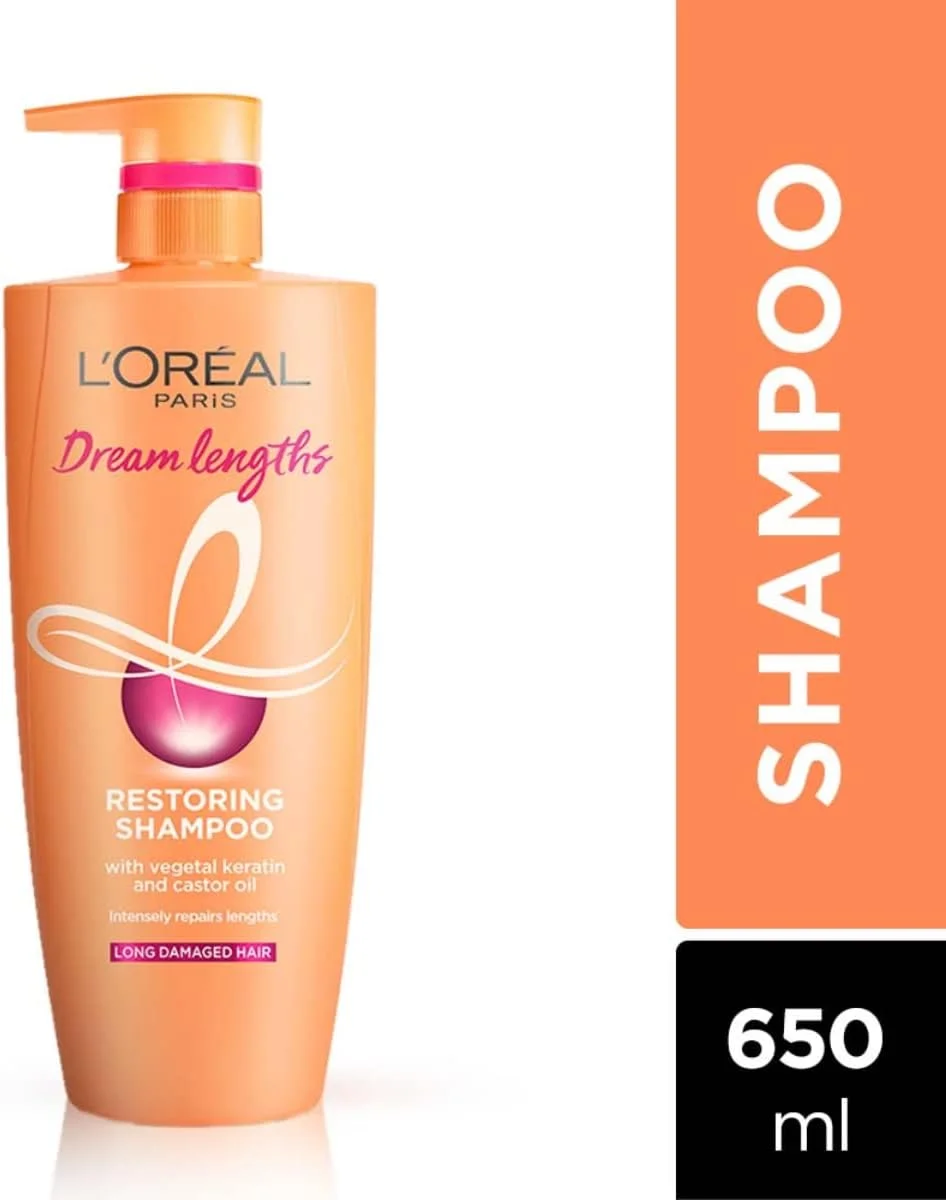 شامپو لورآل پاریس، تغذیه کننده، ترمیم کننده و براق کننده، برای موهای بلند و بی جان، دریم لنگز، 650 میلی لیتر