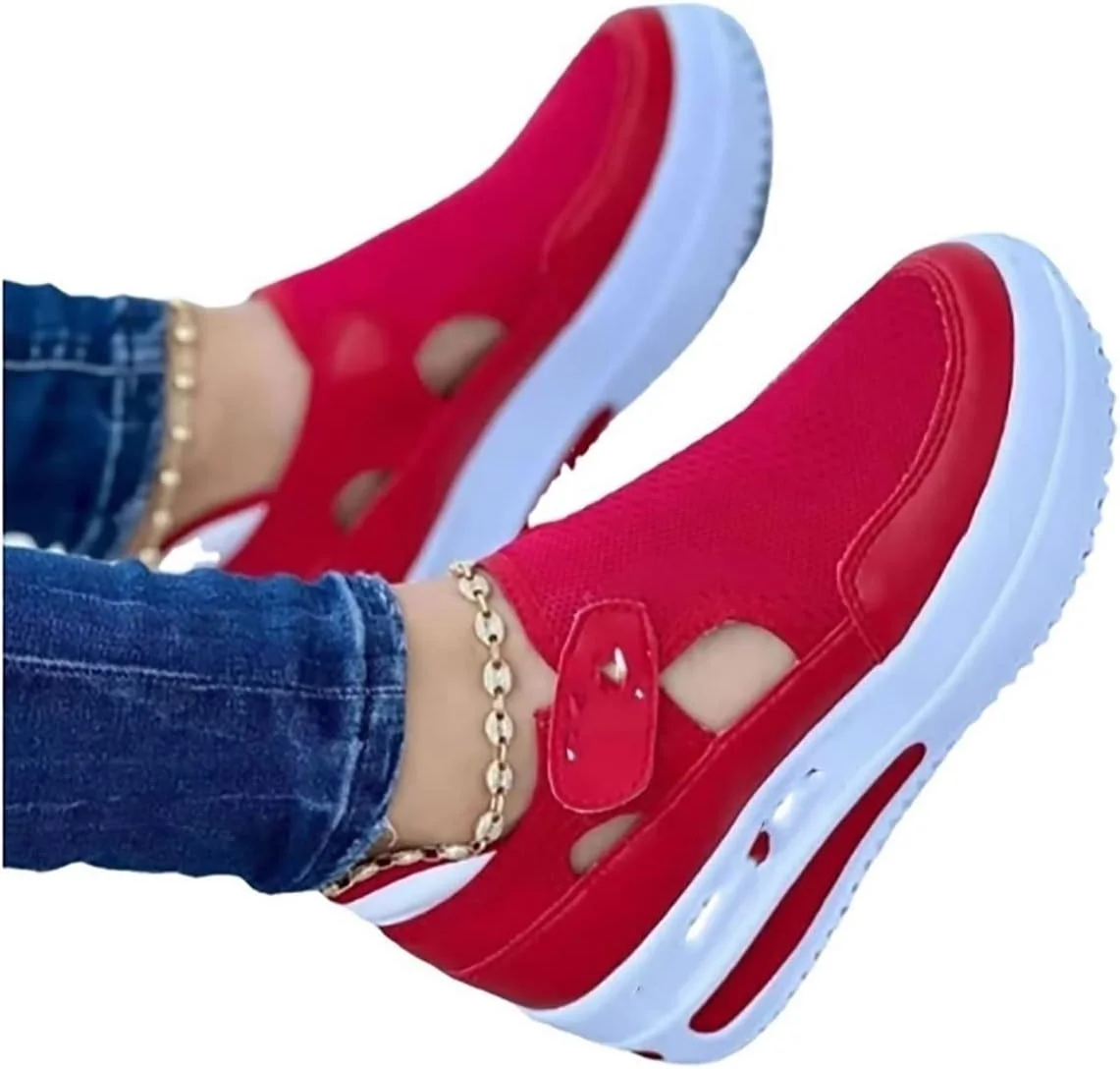 کفش ورزشی زنانه SKANKA، کفش تک زنانه با زیره ضخیم، بافت پروازی، کفش توری تنفسی، کفش دویدن ورزشی در فضای باز (سایز: 42)