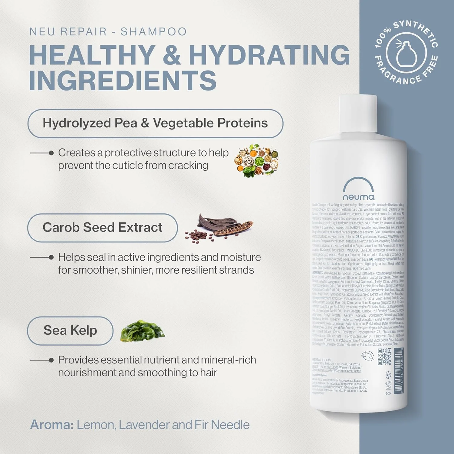 شامپو ترمیم کننده مو نوما 946 میلی لیتر. شامپو بدون سولفات سایز مسافرتی برای موهای آسیب دیده - احیا کننده، پاک کننده، تقویت کننده و کاهش دهنده شکستگی، با رایحه لیمو، اسطوخودوس و سوزن کاج