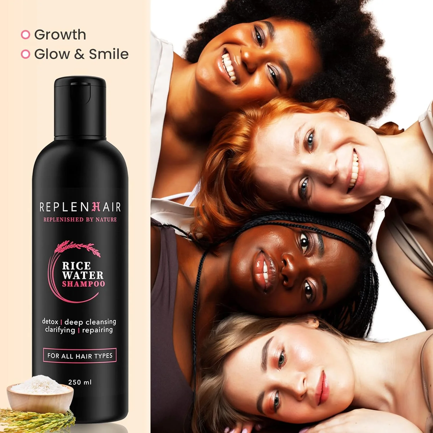 شامپو آب برنج رپلن هیر برای آقایان و بانوان، شامپو ضد شوره سر با محلول مراقبت از مو بدون مواد شیمیایی برای رشد مو، شامپو بدون سولفات برای موهای ضخیم تر، ضد ریزش مو و کنترل شوره سر
