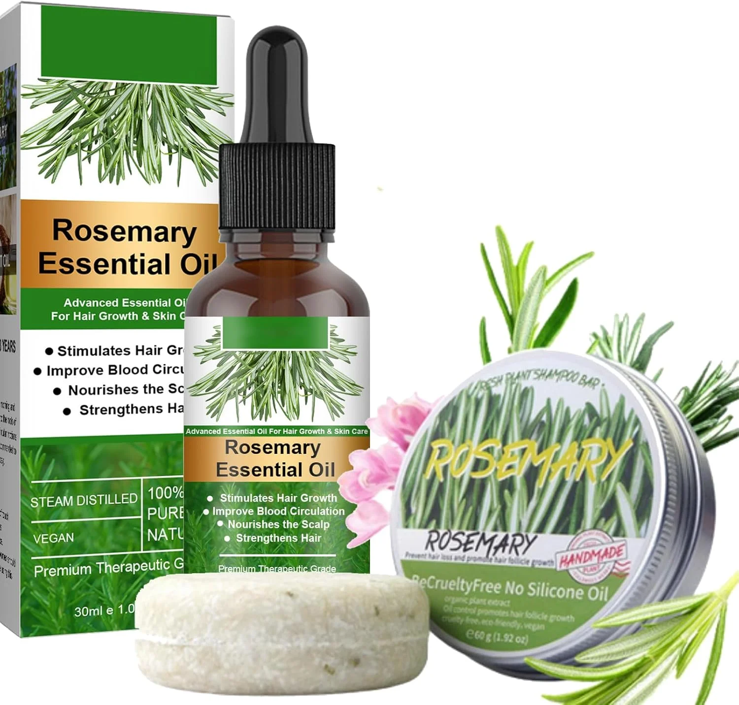 روغن رزماری برای رشد مو - شامپو بار رزماری برای رشد مجدد مو - روغن و صابون تقویت کننده مو رزماری برای ترمیم موهای خشک و آسیب دیده - احیا کننده مواد مغذی فولیکول، تحریک کننده ضخیم شدن ریشه، ضد شوره سر