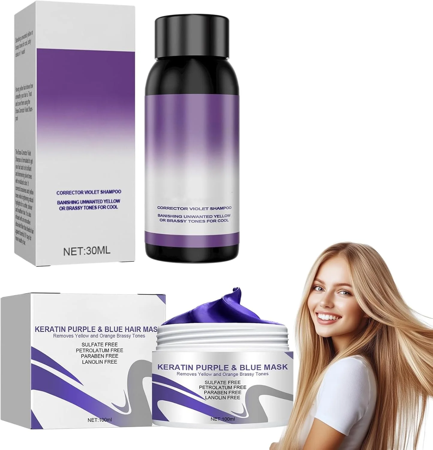 شامپو ضد زردی + ماسک مو، از بین برنده رنگ های زرد و مراقبت از موهای خشک و آسیب دیده، مرطوب کننده، برای موهای خشک و دکلره شده