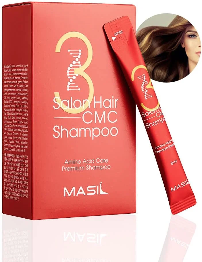 شامپو استیکی مراقبت از مو Masil 3 Salon Care CMC، 8 میلی لیتر، 20 عدد، مناسب مسافرت، موهای آسیب دیده، ریزش مو، پوست سر ضعیف، موهای حجیم