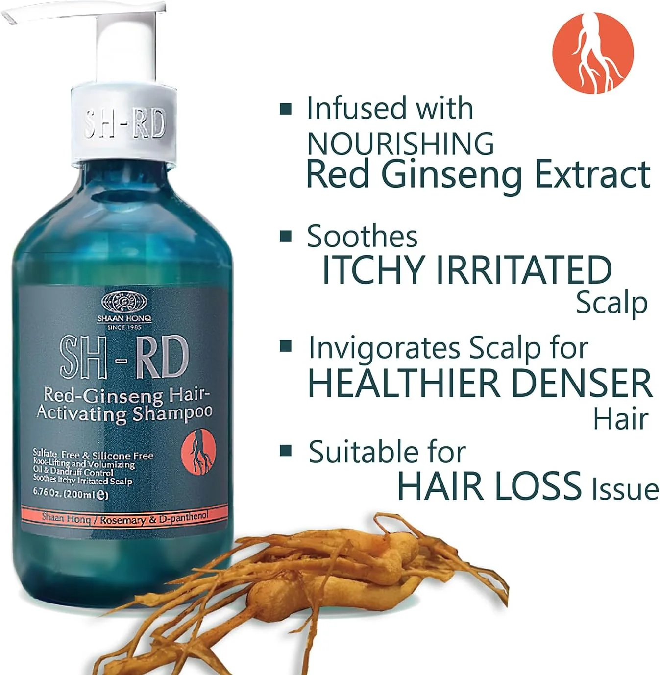 شامپو فعال کننده مو با جینسینگ قرمز SH-RD برای موهای نازک | شامپو ضد ریزش مو با عصاره های گیاهی، رزماری، ویتامین B5 | تقویت ریشه، کنترل چربی و ضد شوره سر | شامپو بدون سولفات - 200 میلی لیتر