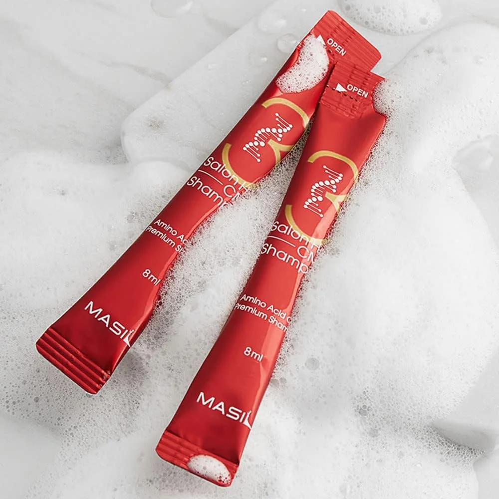 شامپو استیکی مراقبت از مو Masil 3 Salon Care CMC، 8 میلی لیتر، 20 عدد، مناسب مسافرت، موهای آسیب دیده، ریزش مو، پوست سر ضعیف، موهای حجیم