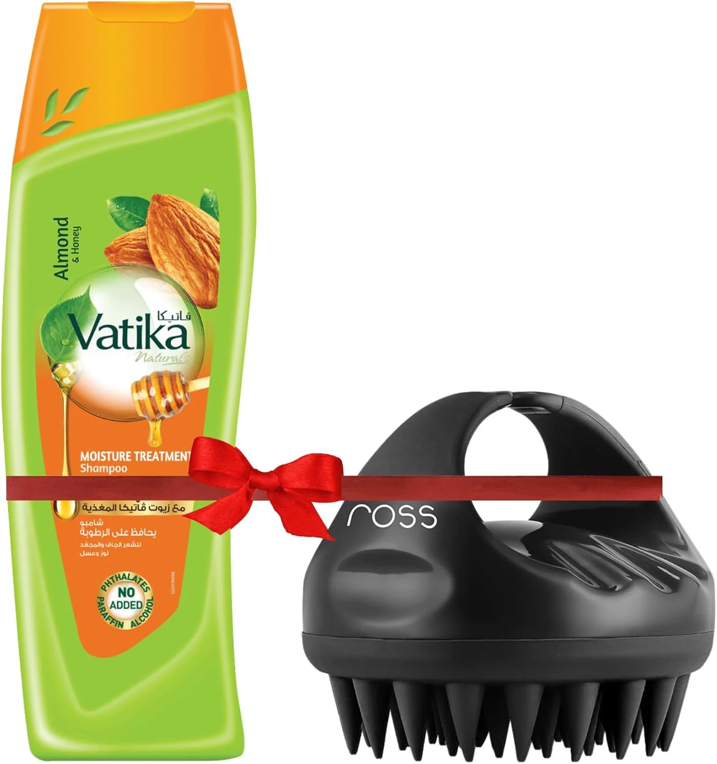 شامپو درمان مرطوب کننده بادام و عسل واتیکا 400 میلی لیتر + برس ماساژور پوست سر مو راس (مشکی) | آبرسانی عمیق برای موهای خشک، وز و آسیب دیده | ماساژ ملایم پوست سر برای رشد سالم مو