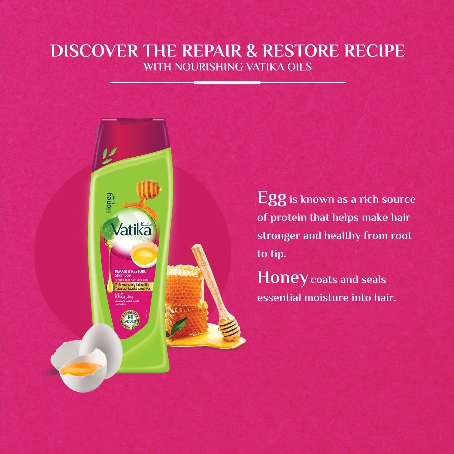 شامپو ترمیم کننده و احیا کننده موهای آسیب دیده واتیکا نچرالز، 2 عدد 400 میلی لیتری | غنی شده با عصاره های عسل و تخم مرغ | مناسب برای موهای آسیب دیده و دارای موخوره | حاوی روغن های مغذی واتیکا | بسته 2 عددی