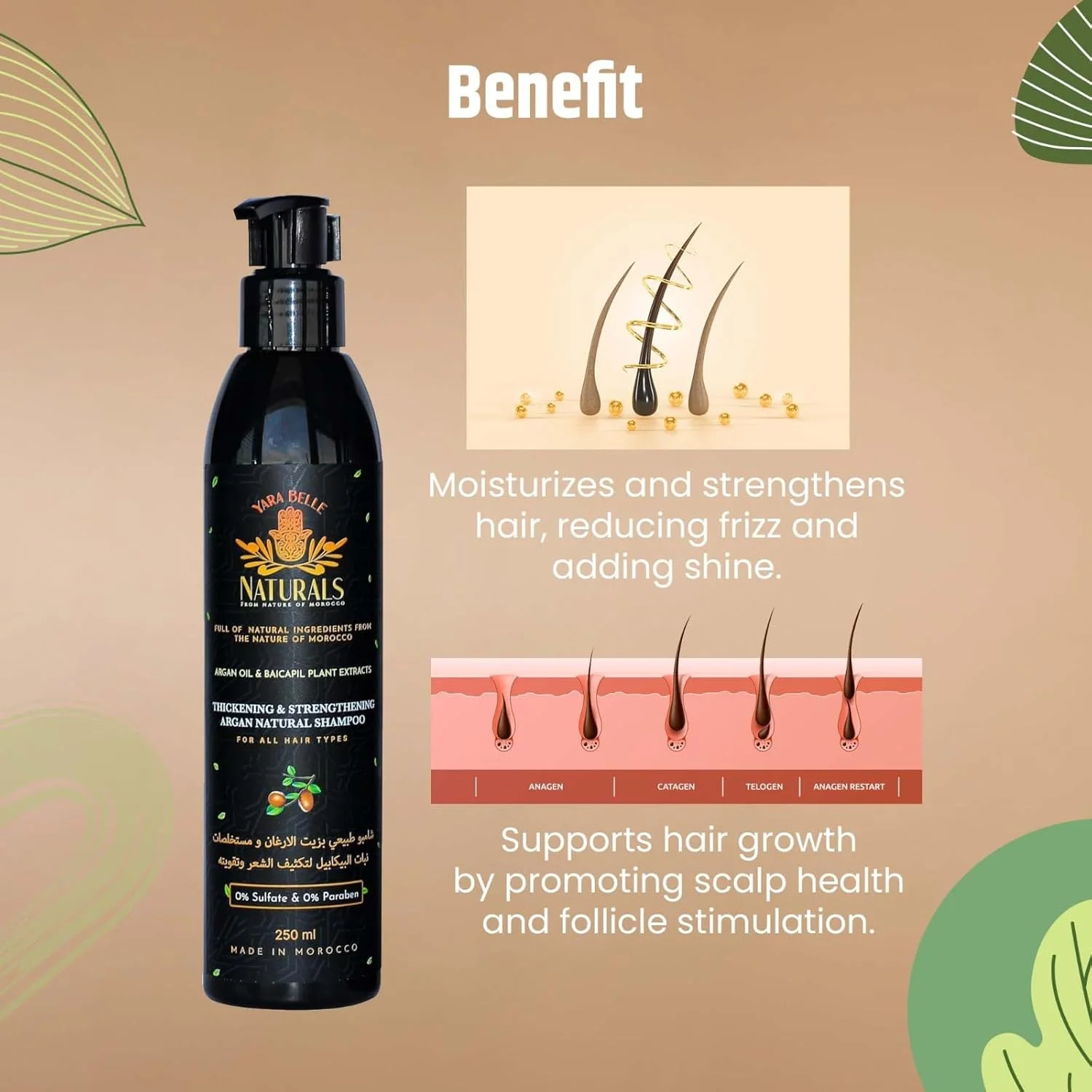 شامپو ضد ریزش مو یارابل نچرالز 250 میلی لیتر | تقویت شده با عصاره های گیاهی بایکاپیل، روغن آرگان و روغن جوانه گندم | تقویت کننده رشد مو | فاقد سولفات و پارابن | مناسب برای آقایان و بانوان | مناسب برای انواع مو