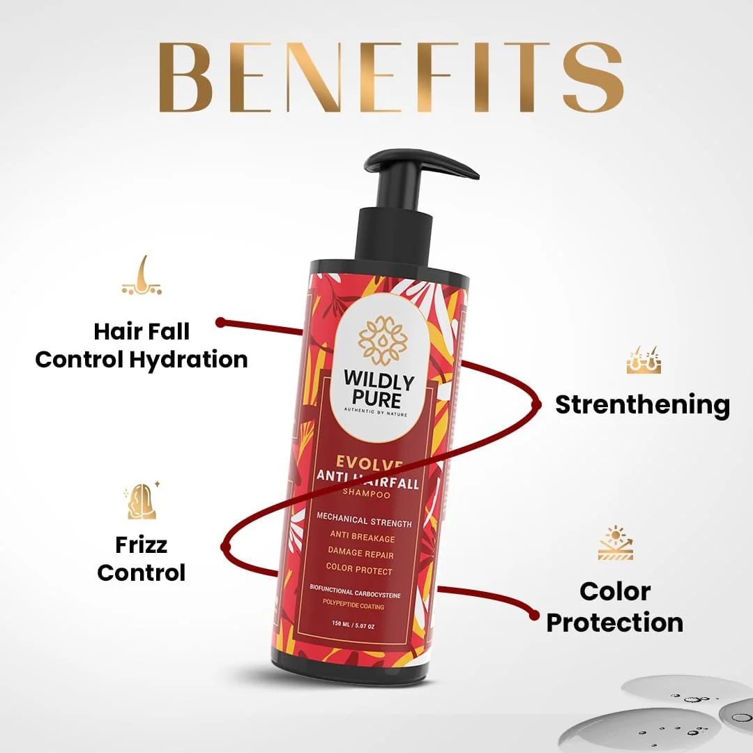 شامپو کنترل ریزش مو WILDLY PURE | حاوی هیالورونیک اسید و فسفولیپیدها | 30% افزایش استحکام در یک بار شستشو | 70% کاهش وز | فاقد سولفات و پارابن | مناسب آقایان و بانوان | 150 میلی لیتر [Evolve]
