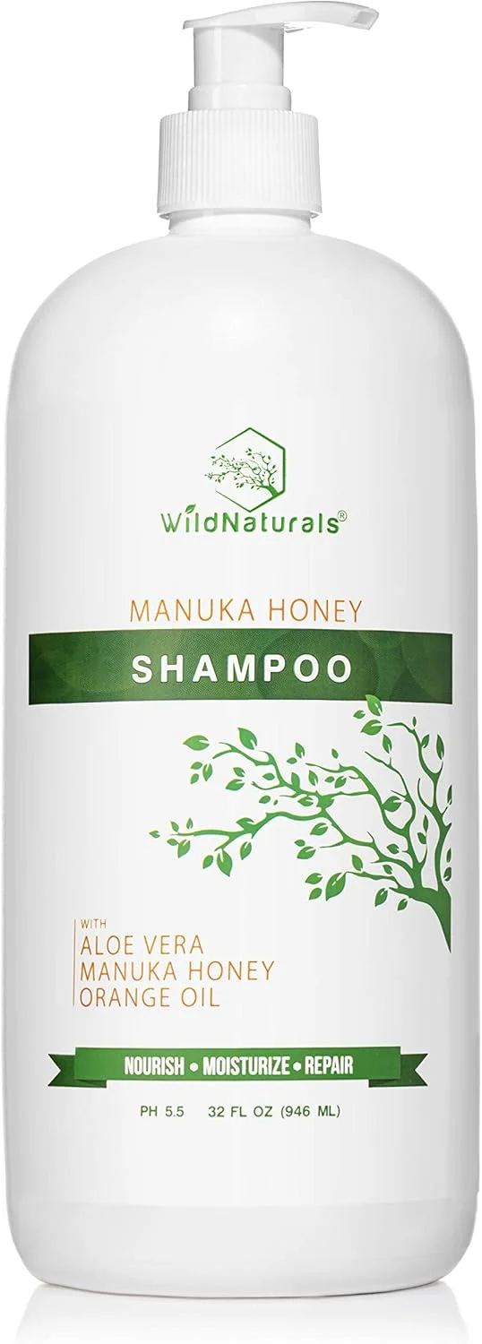 شامپو بدون سولفات Wild Naturals: حاوی عسل مانوکا + آلوئه ورا، برای ریزش مو، نازک شدن مو و خارش پوست سر خشک. ضد شوره، مرطوب کننده، 98% طبیعی، 80% فرمول گیاهی ارگانیک التیام بخش