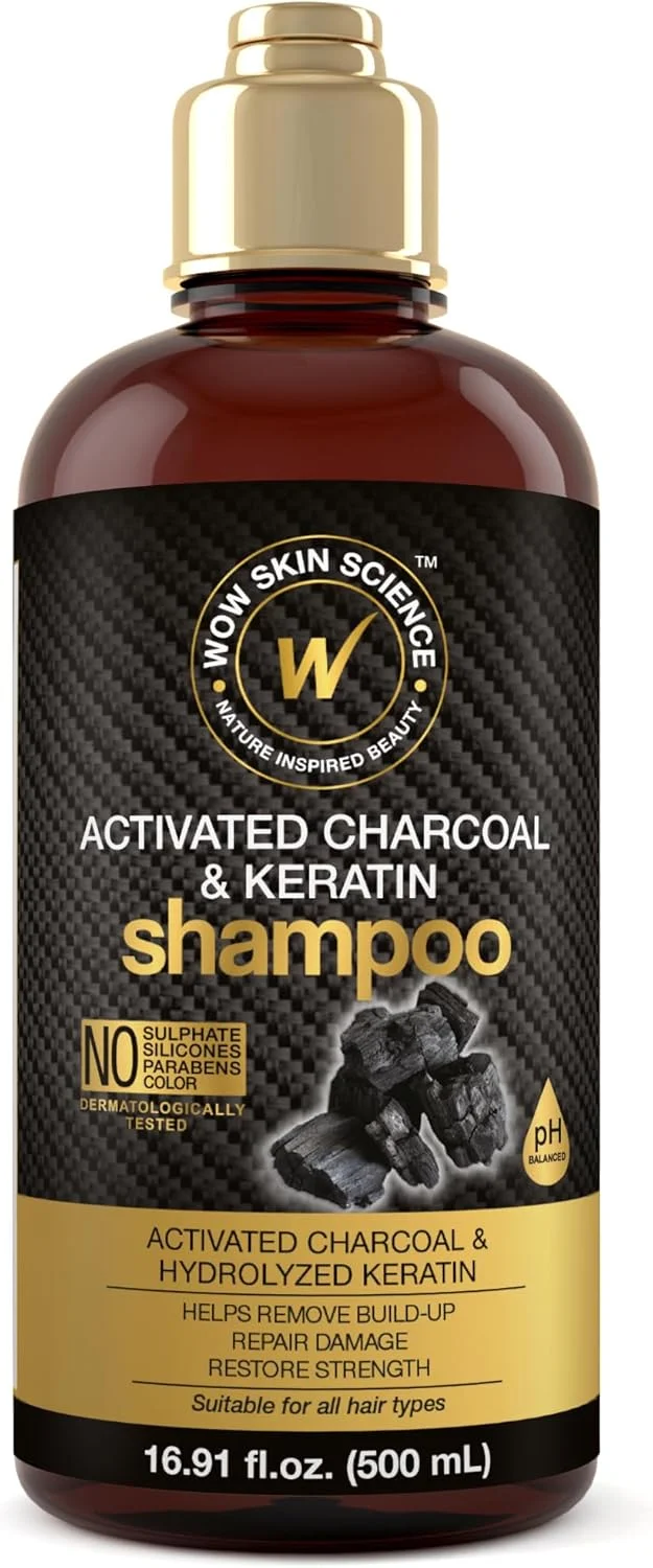 شامپو کراتین و زغال فعال WOW - پاکسازی کامل سموم پوست سر - احیای موهای خشک و آسیب دیده برای موهای نرم، صاف و درخشان - بدون سولفات و پارابن - مناسب انواع مو، بزرگسالان و کودکان - 500 میلی لیتر