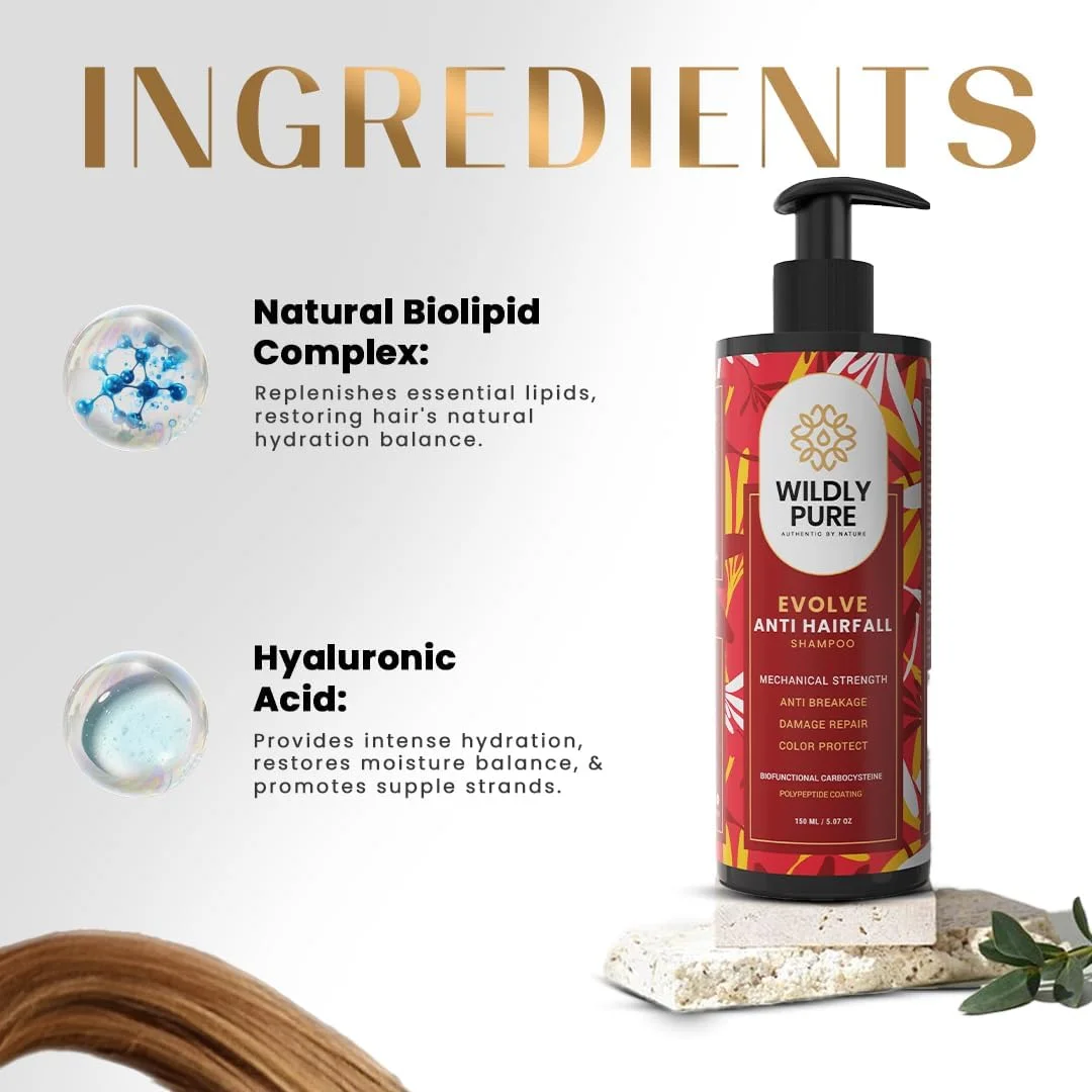 شامپو کنترل ریزش مو WILDLY PURE | حاوی هیالورونیک اسید و فسفولیپیدها | 30% افزایش استحکام در یک بار شستشو | 70% کاهش وز | فاقد سولفات و پارابن | مناسب آقایان و بانوان | 150 میلی لیتر [Evolve]