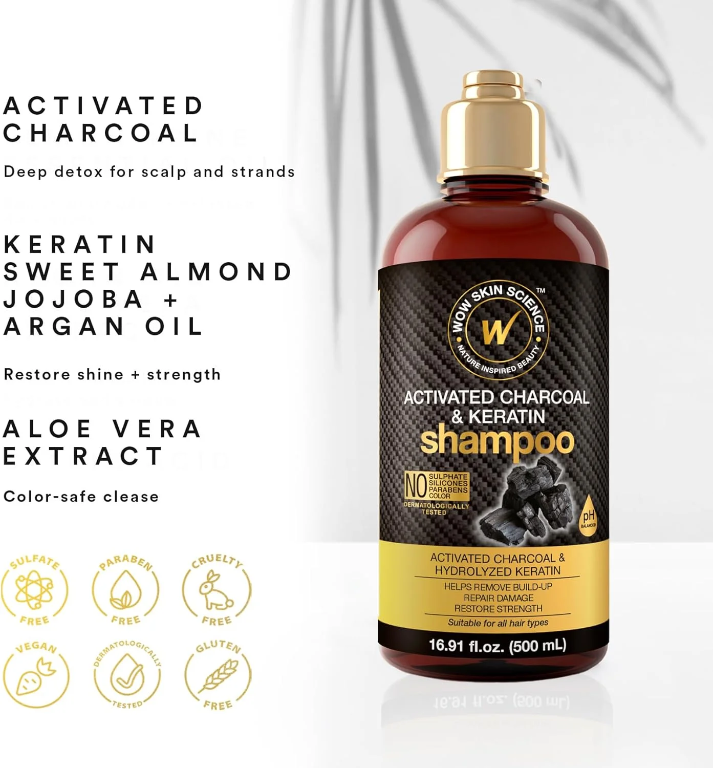 شامپو کراتین و زغال فعال WOW - پاکسازی کامل سموم پوست سر - احیای موهای خشک و آسیب دیده برای موهای نرم، صاف و درخشان - بدون سولفات و پارابن - مناسب انواع مو، بزرگسالان و کودکان - 500 میلی لیتر