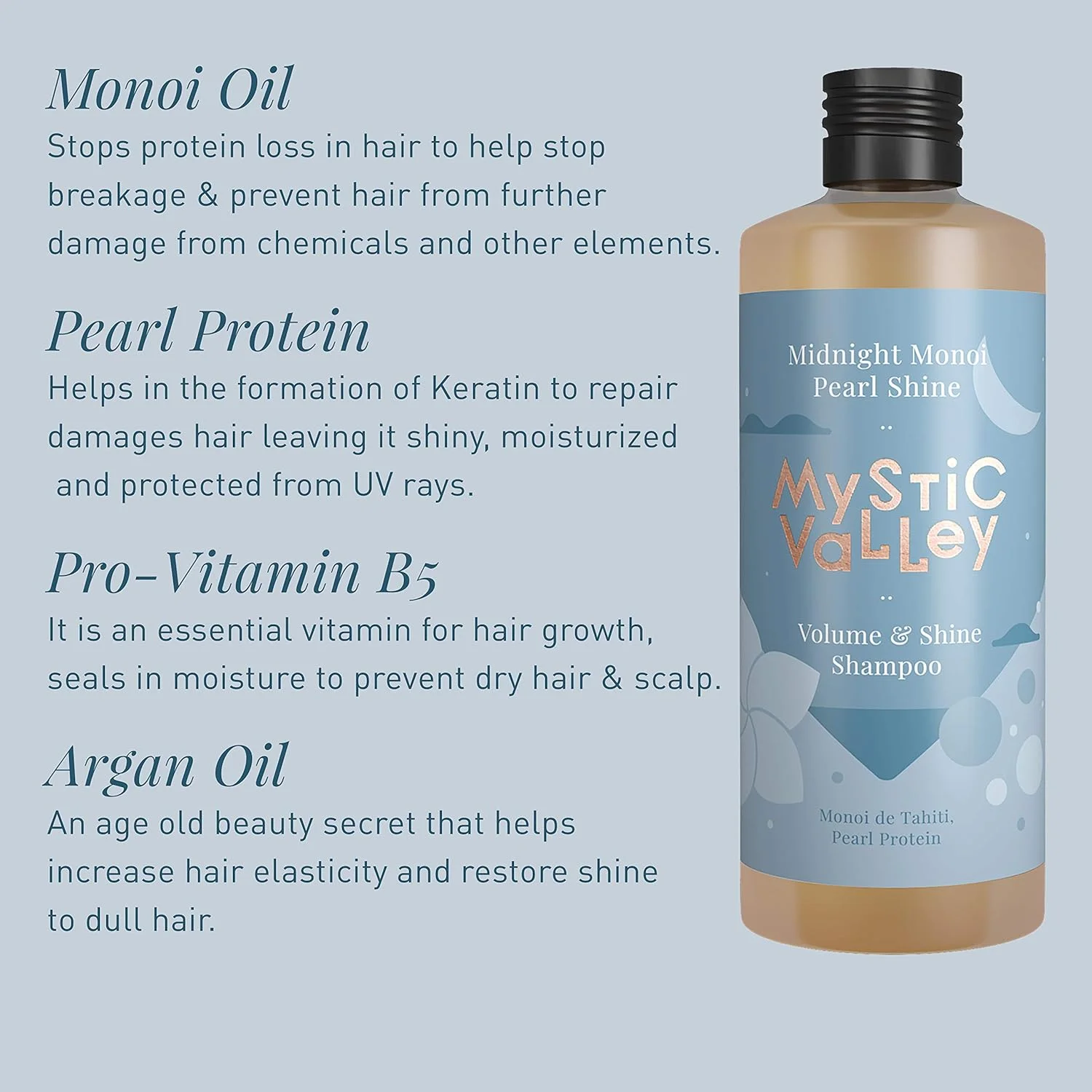 شامپو حجم دهنده روغن مونوی دره میستیک با پروتئین مروارید طبیعی برای درخشندگی بیشتر، بدون سولفات و پارابن 350 میلی لیتر