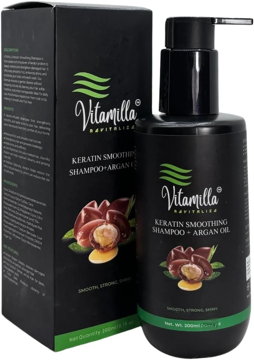 شامپو کراتینه صاف کننده مو ویتامیلا حاوی روغن آرگان (200 میلی لیتر) – برای موهای صاف، قوی و درخشان – کنترل وز و تغذیه