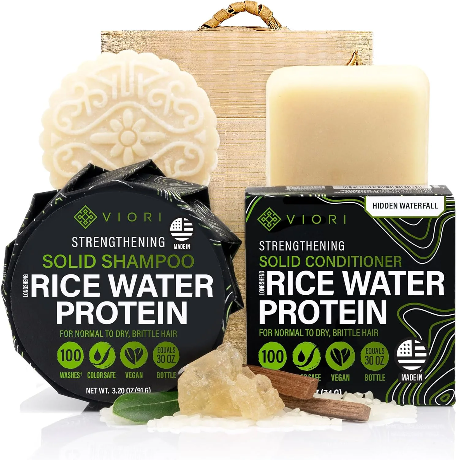 مجموعه شامپو و نرم کننده جامد ویوری مدل Hidden Waterfall به همراه نگهدارنده بامبو - ساخته شده با آب برنج برای رشد مو - شامپو و نرم کننده دست ساز و فاقد سولفات