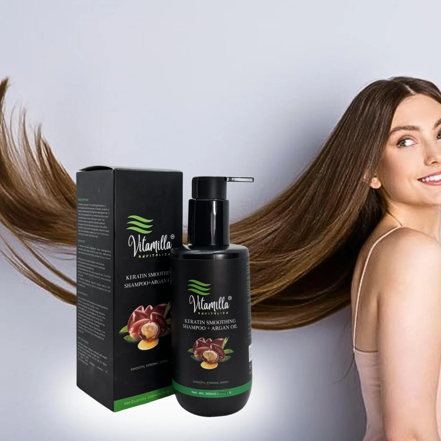 شامپو کراتینه صاف کننده مو ویتامیلا حاوی روغن آرگان (200 میلی لیتر) – برای موهای صاف، قوی و درخشان – کنترل وز و تغذیه
