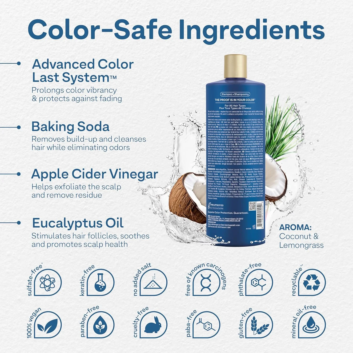 شامپو شفاف کننده و پاک کننده موهای رنگ شده کالرپروف، 946 میلی لیتر، با رایحه نارگیل و علف لیمو شامپو شفاف کننده و پاک کننده موهای رنگ شده کالرپروف، 946 میلی لیتر، با رایحه نارگیل و علف لیمو