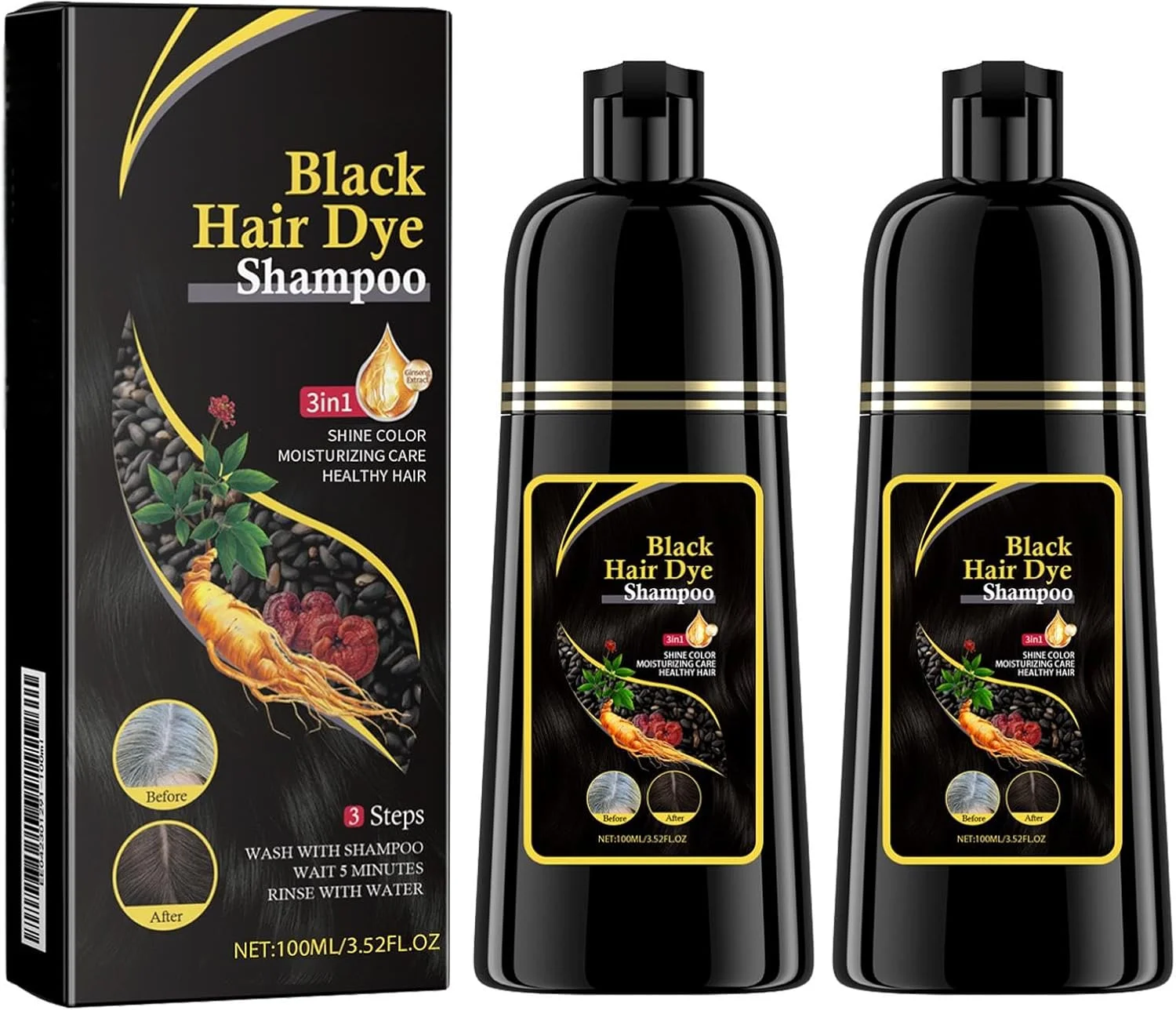 شامپو رنگ مو 3 در 1، رنگ موی فوری برای مردان و زنان (مشکی، 100 میلی لیتر) - 100 میلی لیتر x 2 شامپو رنگ مو 3 در 1، رنگ موی فوری برای مردان و زنان (مشکی، 100 میلی لیتر) - 100 میلی لیتر x 2