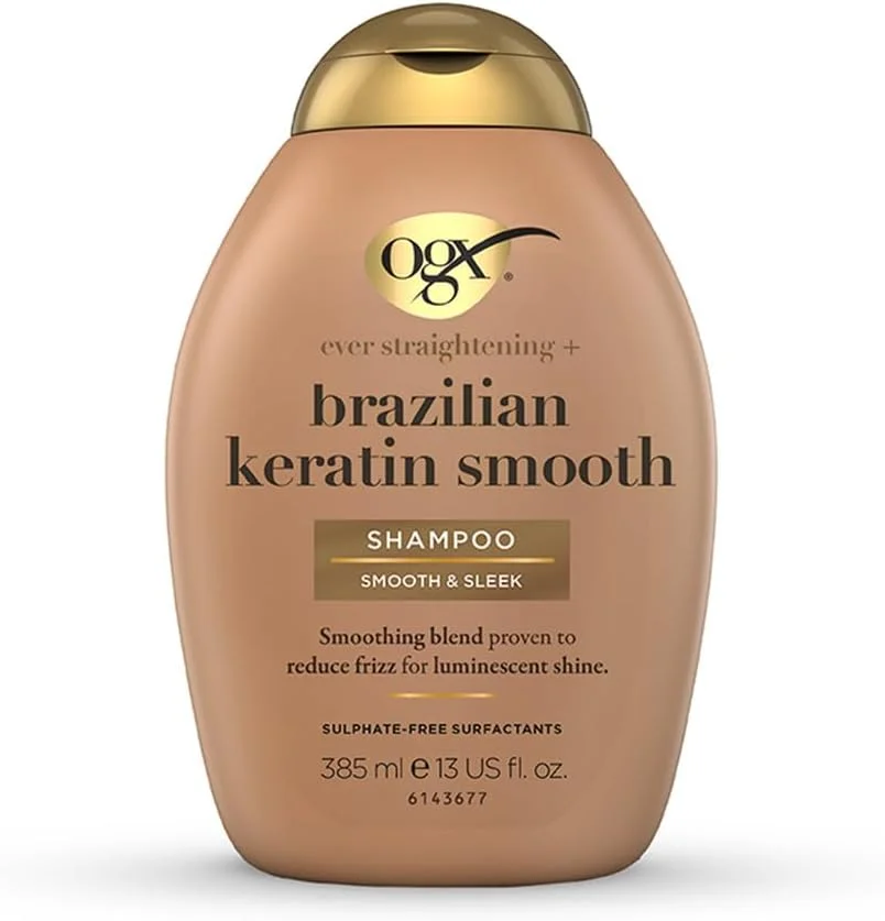 شامپو کراتین برزیلی OGX Ever Straightening+ (385 میلی لیتر)، فرمولاسیون فاقد پارابن برای صاف و تقویت کردن مو، افزایش درخشندگی و حالت پذیری، کاهش وز و موخوره