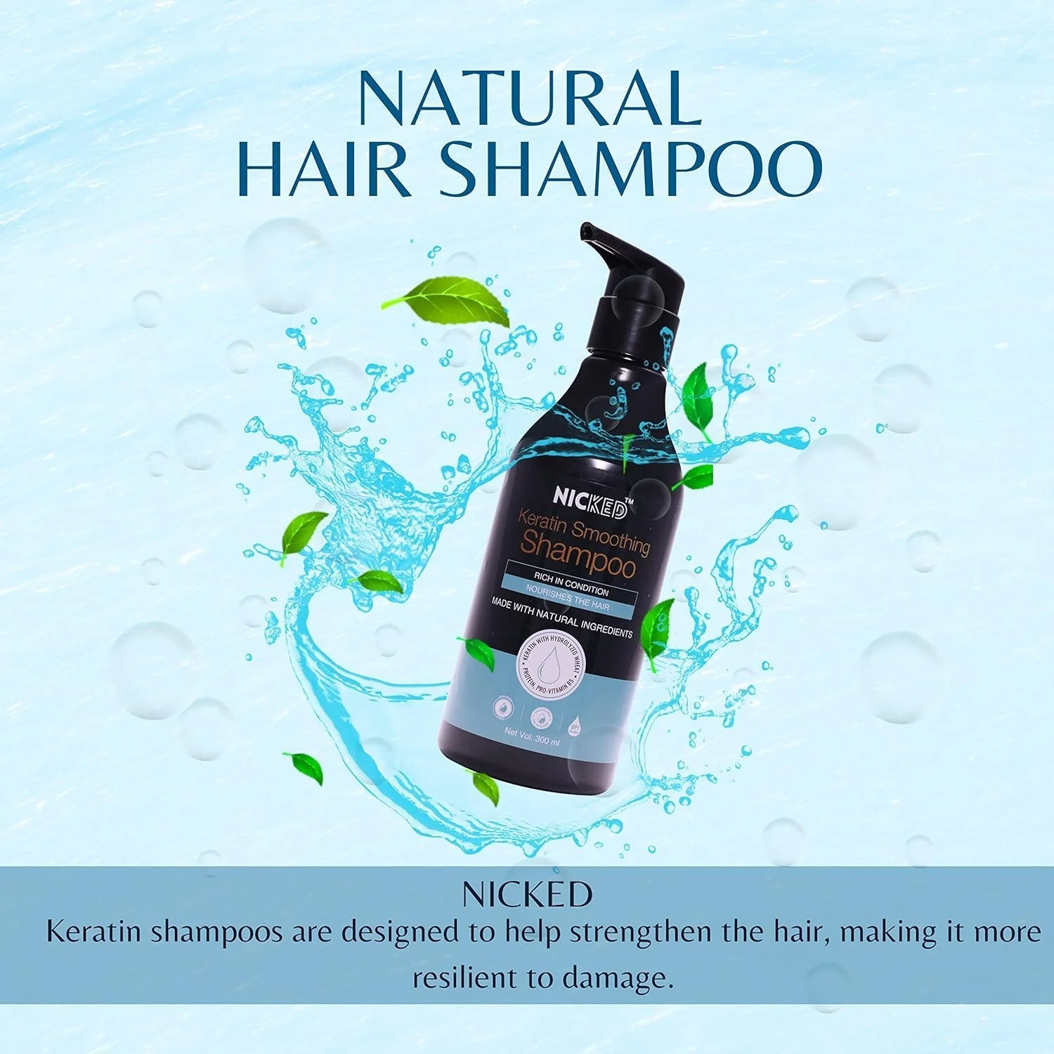 شامپو کراتین نیکد برای موهای خشک و آسیب دیده حاوی کراتین و پروتئین گندم هیدرولیز شده، برای صاف کردن، حجم عالی، تغذیه کننده، حالت ارتجاعی و درخشان و سالم - 300 میلی لیتر