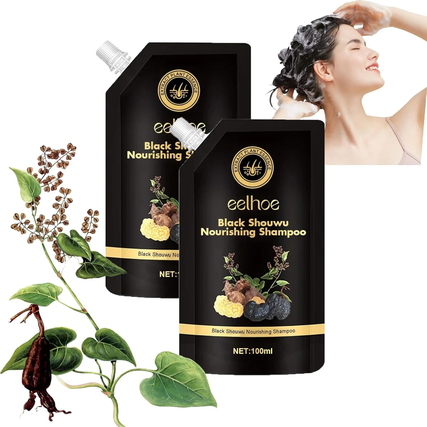 شامپو مغذی شووو مشکی، شامپو مغذی ضد ریزش مو شووو مشکی، شامپو لینگژی مشکی، شامپو ضخیم کننده مو برای موهای قوی تر، ضخیم تر و بلندتر (2 عدد)