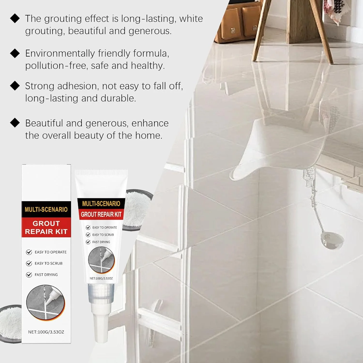 کیت ترمیم کننده درز کاشی، پرکننده دوغاب برای حمام و آشپزخانه، خشک شدن سریع و ضد آب، تجدید مفاصل، شکاف ها و ترک های کاشی - درزگیر دوغاب سفید، 100 گرم