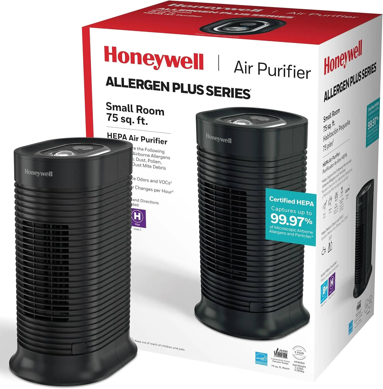 دستگاه تصفیه هوا هانیول AllergenPlus HEPA Tower، کاهش دهنده آلرژن های موجود در هوا برای اتاق های کوچک (7 متر مربع)، مشکی - آتش سوزی/دود، گرده، شوره حیوانات خانگی و تصفیه کننده هوای گرد و غبار، HPA060
