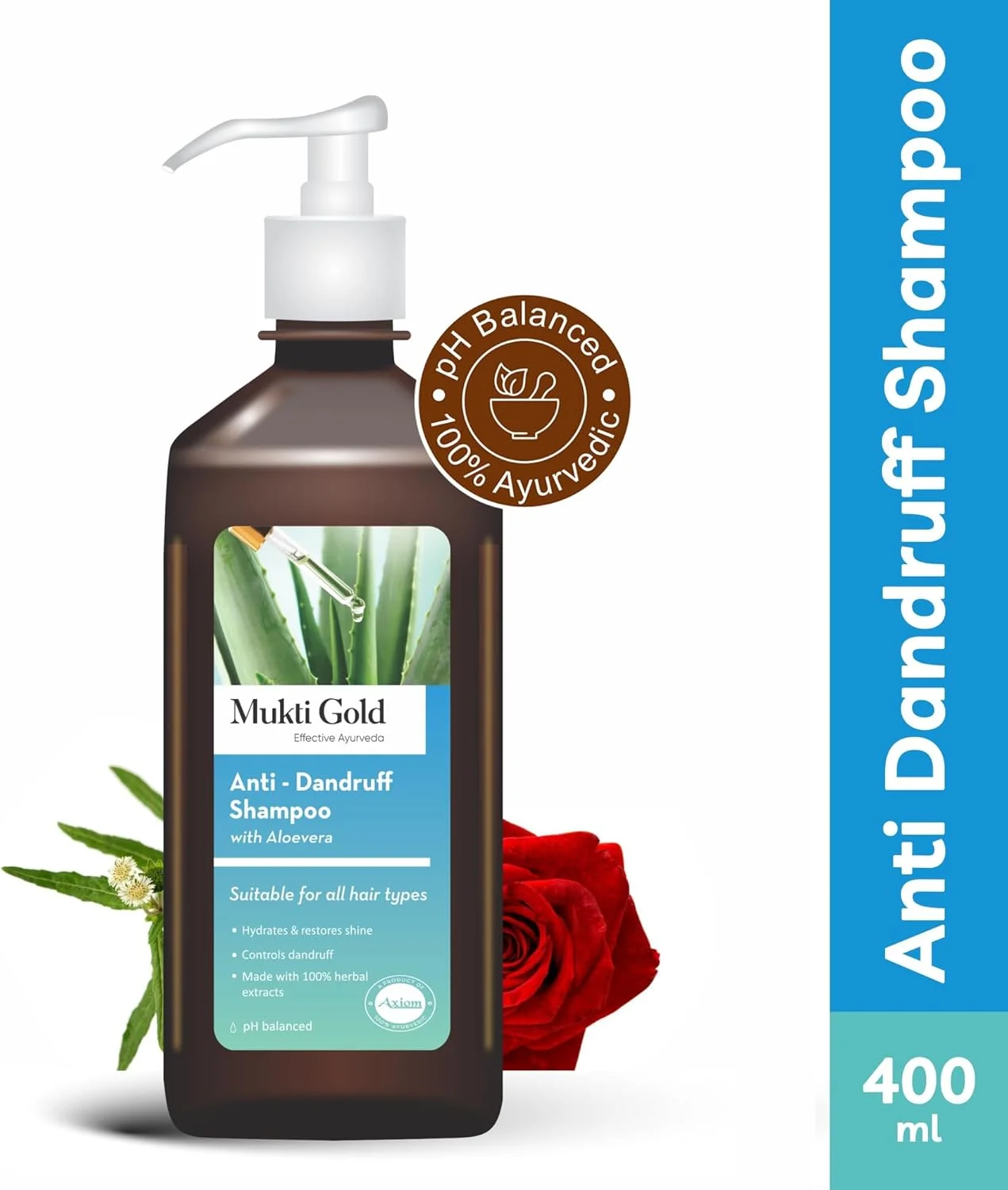 شامپو ضد شوره سر طلایی موکتی آکسیوم 400 میلی لیتر حاوی آلوئه ورا | آبرسان و احیا کننده درخشندگی | کنترل کننده شوره سر | ساخته شده با 100% عصاره های گیاهی | متعادل کننده PH