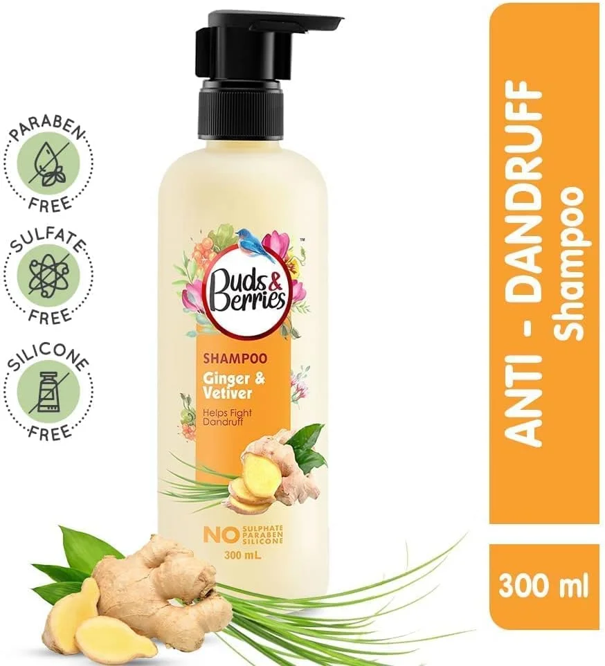 شامپو ضد شوره زنجبیل و وتیور Buds&Berries برای پوست سر بدون شوره، بدون سولفات، بدون پارابن، 300 میلی لیتر شامپو ضد شوره زنجبیل و وتیور Buds&Berries برای پوست سر بدون شوره، بدون سولفات، بدون پارابن، 300 میلی لیتر