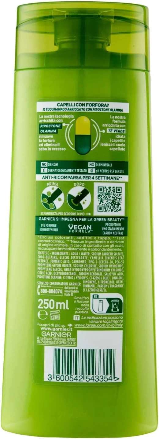 شامپو تسکین دهنده موی سر گارنیه Fructis برای موهای معمولی، ضد شوره، حاوی چای سبز و پیروکتون اولامین 250 میلی لیتر