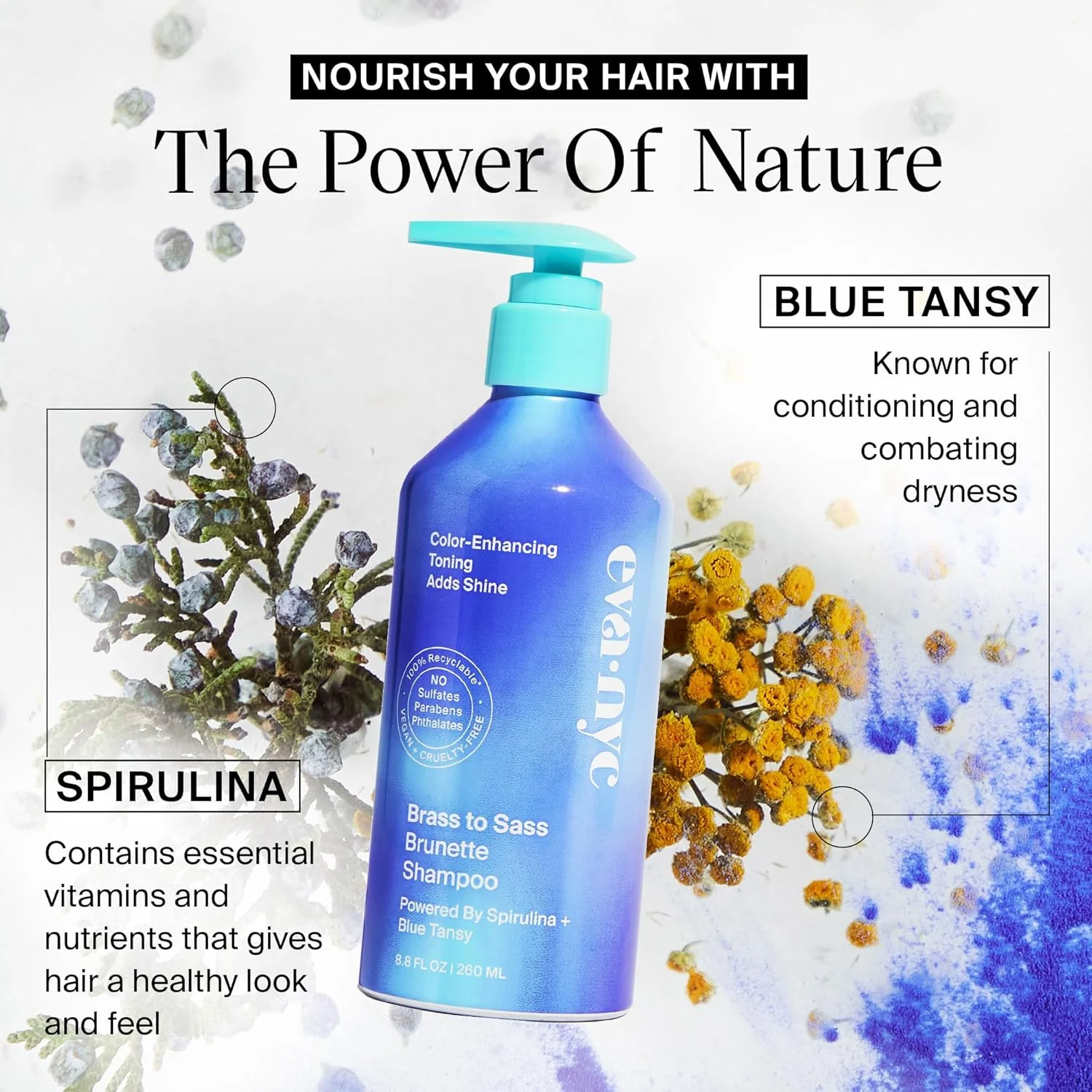 شامپو ضد زردی موهای قهوه ای اوا ان وای سی، شامپو آبی تونینگ برای موهای قهوه ای، خنثی کننده رنگ های قرمز و نارنجی، شامپو آبی برای موهای رنگ شده، 260 میلی لیتر